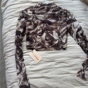 SheinEd+ Brown Marble-Print Long Sleeve Mesh Crop Top
